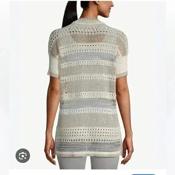 Chico’s Neutral & Gold Stripe Open-Weave V-Neck Tunic Size Small - Picture 3 of 9